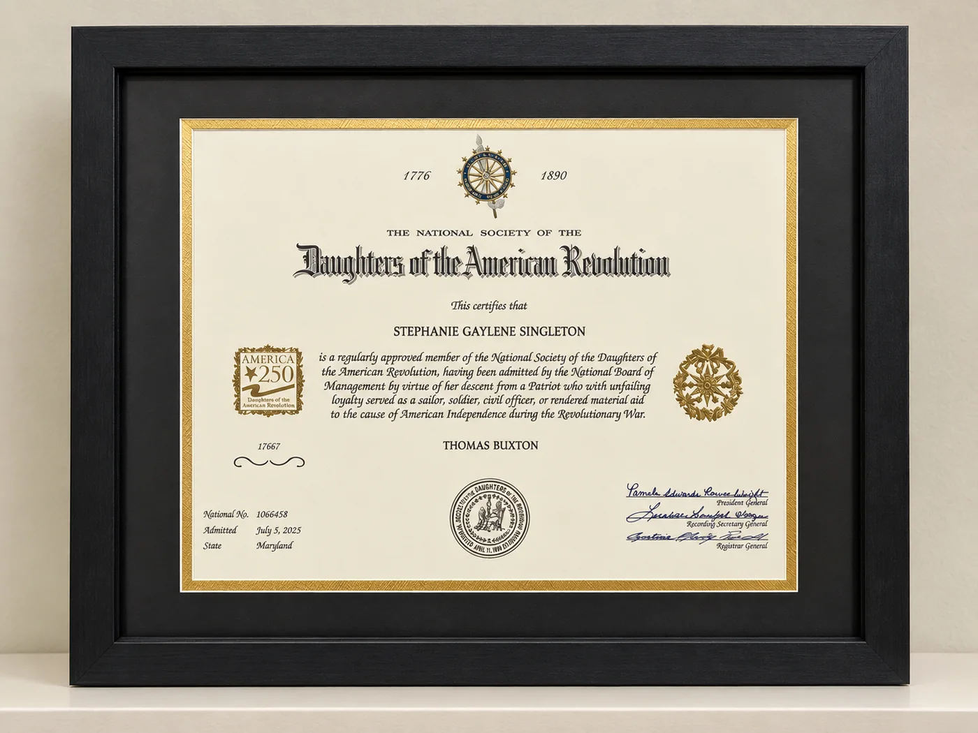 Daughters of the American Revolution membership certificate citing Patriot ancestor Thomas Buxton