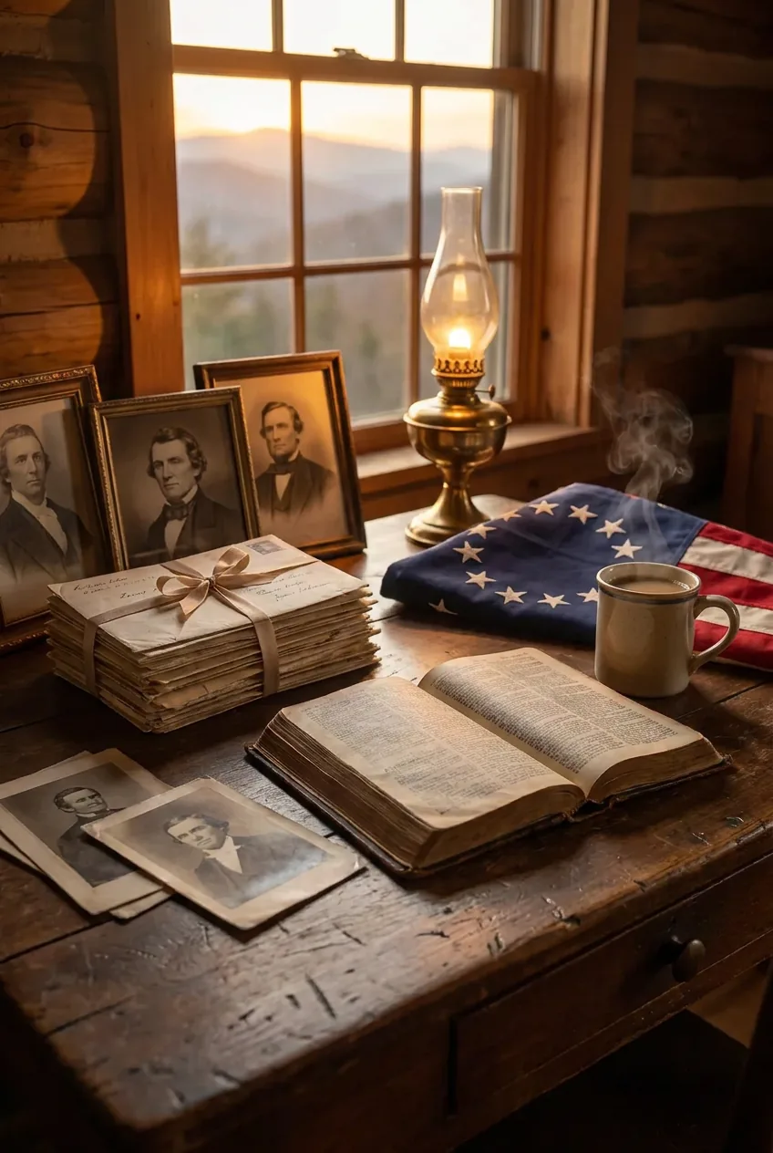 A writing desk with bundled letters, framed portraits, an open book, an oil lamp and a folded thirteen-star flag