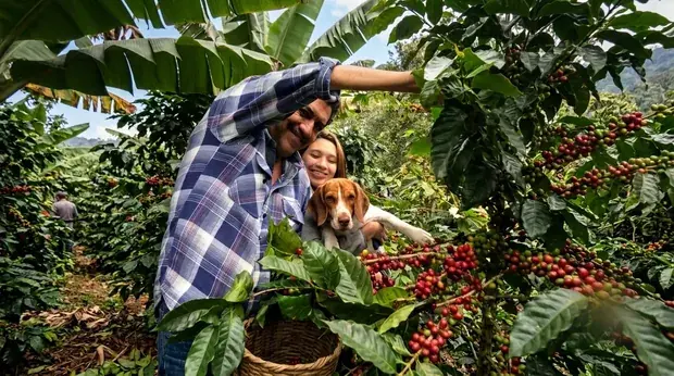 Two pickers working through the branches, gathering ripe cherries by hand