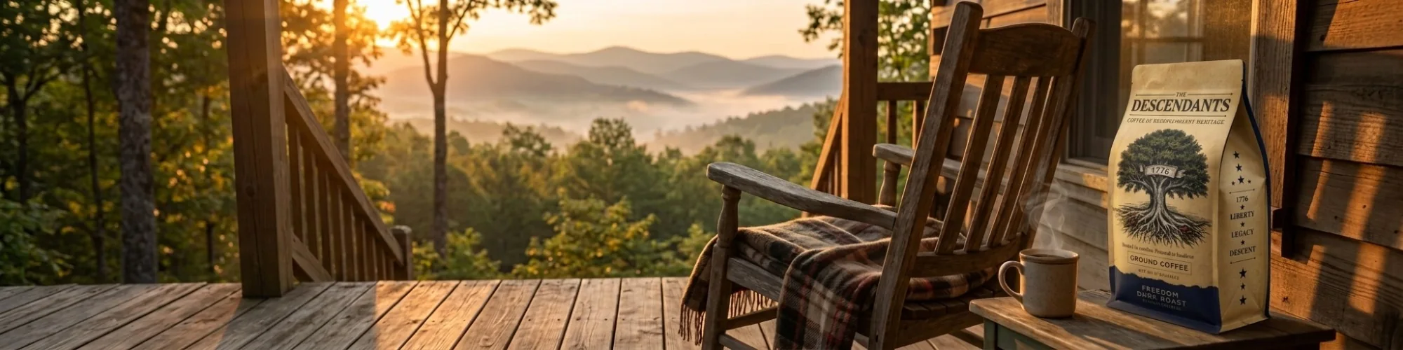 A bag of Descendants Freedom Dark Roast and a steaming mug beside a rocking chair on a porch, looking out over the Blue Ridge at sunrise