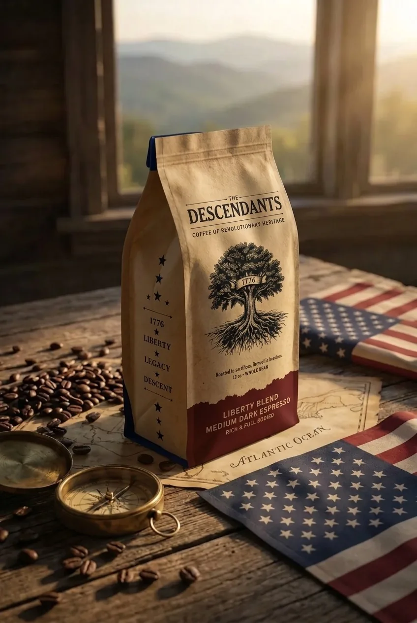 A sealed bag of Descendants Liberty Blend turned to show its side panel — 1776, Liberty, Legacy, Descent — beside a brass compass and a period map