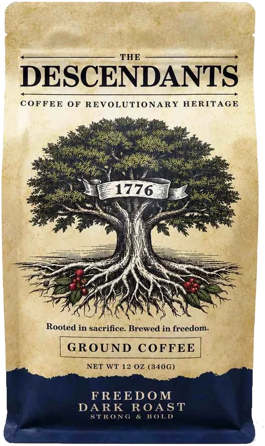 A sealed 12 oz bag of Freedom Dark Roast